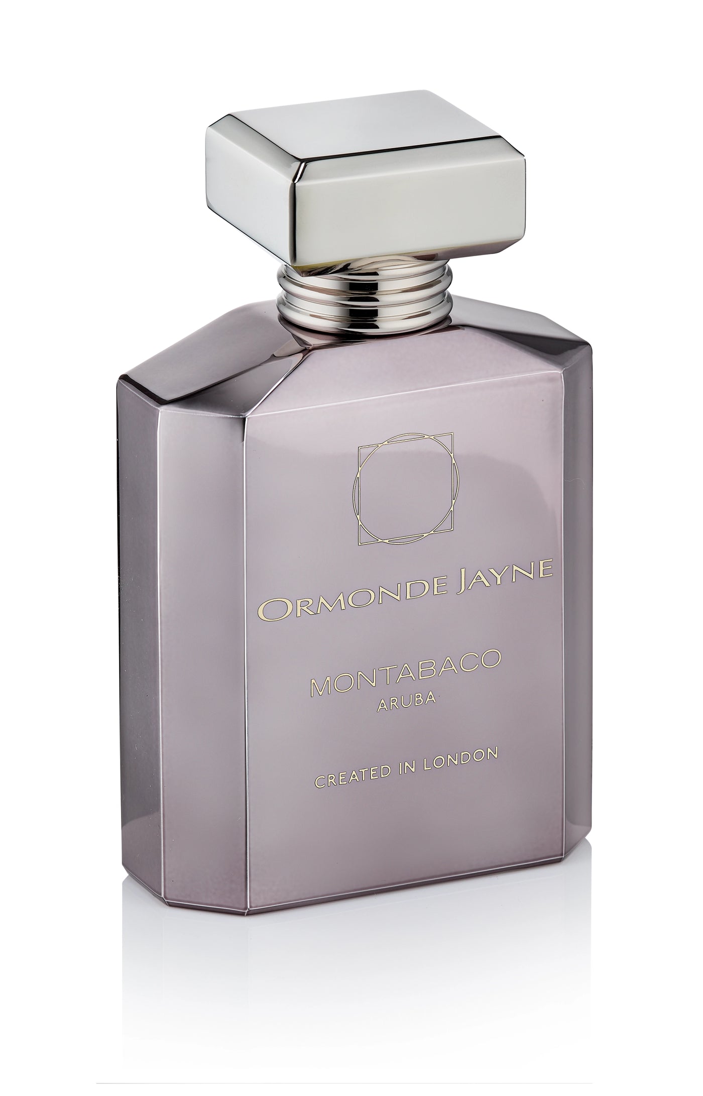 Montabaco Aruba perfume bottle in sleek metallic grey with square silver cap
