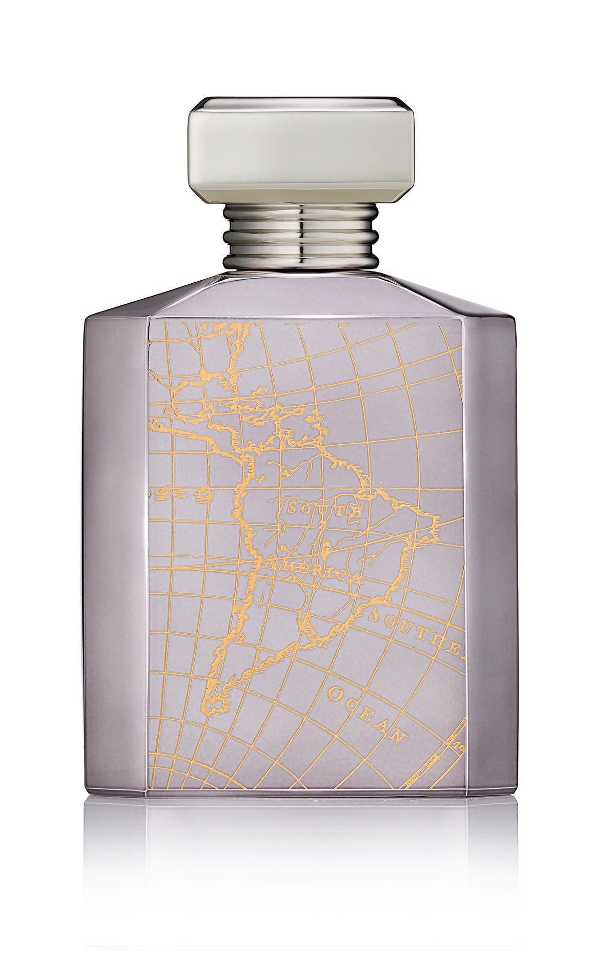 Montabaco Aruba perfume bottle with map design, frosted glass and silver cap