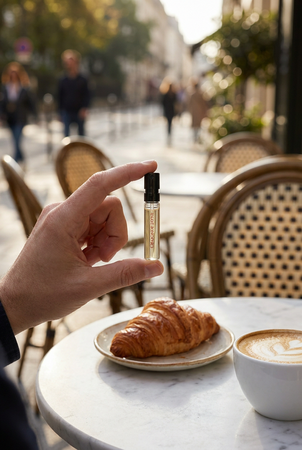 A vial held at a cafe terrace