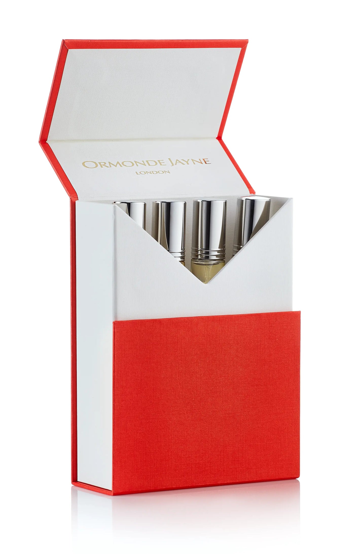 Set of silver metal perfume atomisers in white and red presentation box