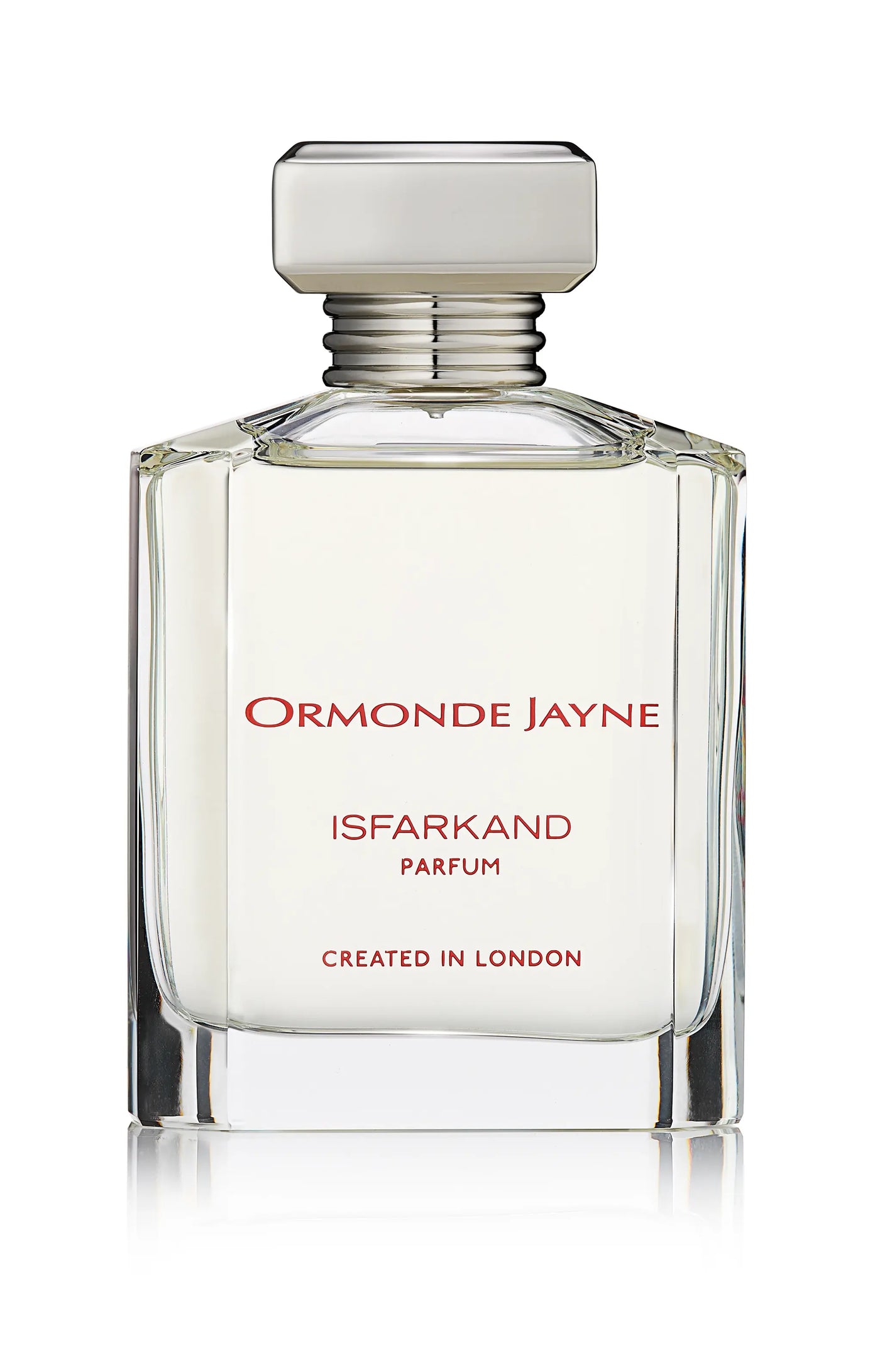 Clear glass perfume bottle with silver cap labelled Ormonde Jayne Isfarkand Parfum
