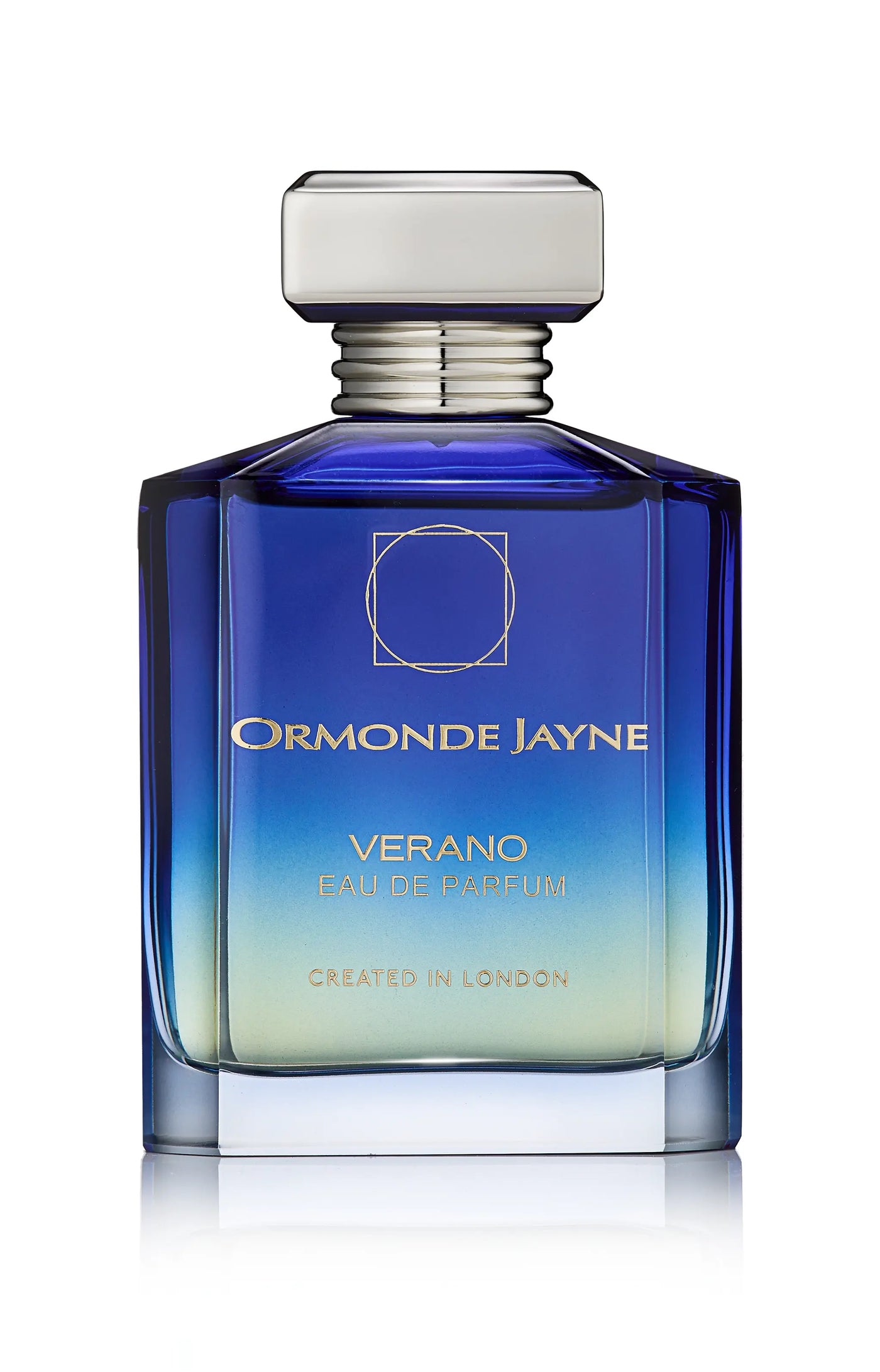 Blue to light green gradient glass perfume bottle with silver cap, labelled Verano by Ormonde Jayne