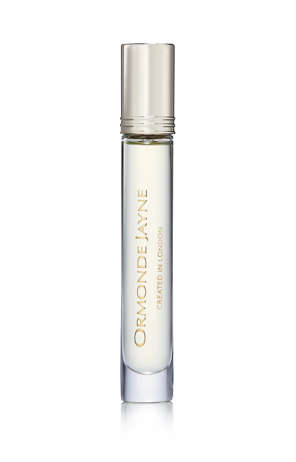 Clear glass roll-on perfume bottle with silver cap and gold lettering