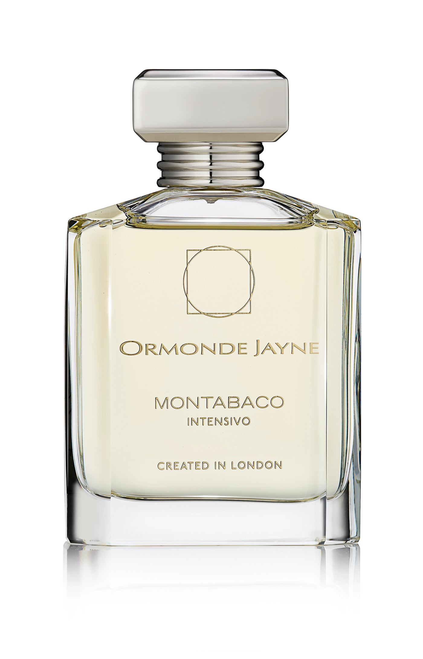 Clear glass perfume bottle with silver cap containing pale yellow Montabaco Intensivo fragrance