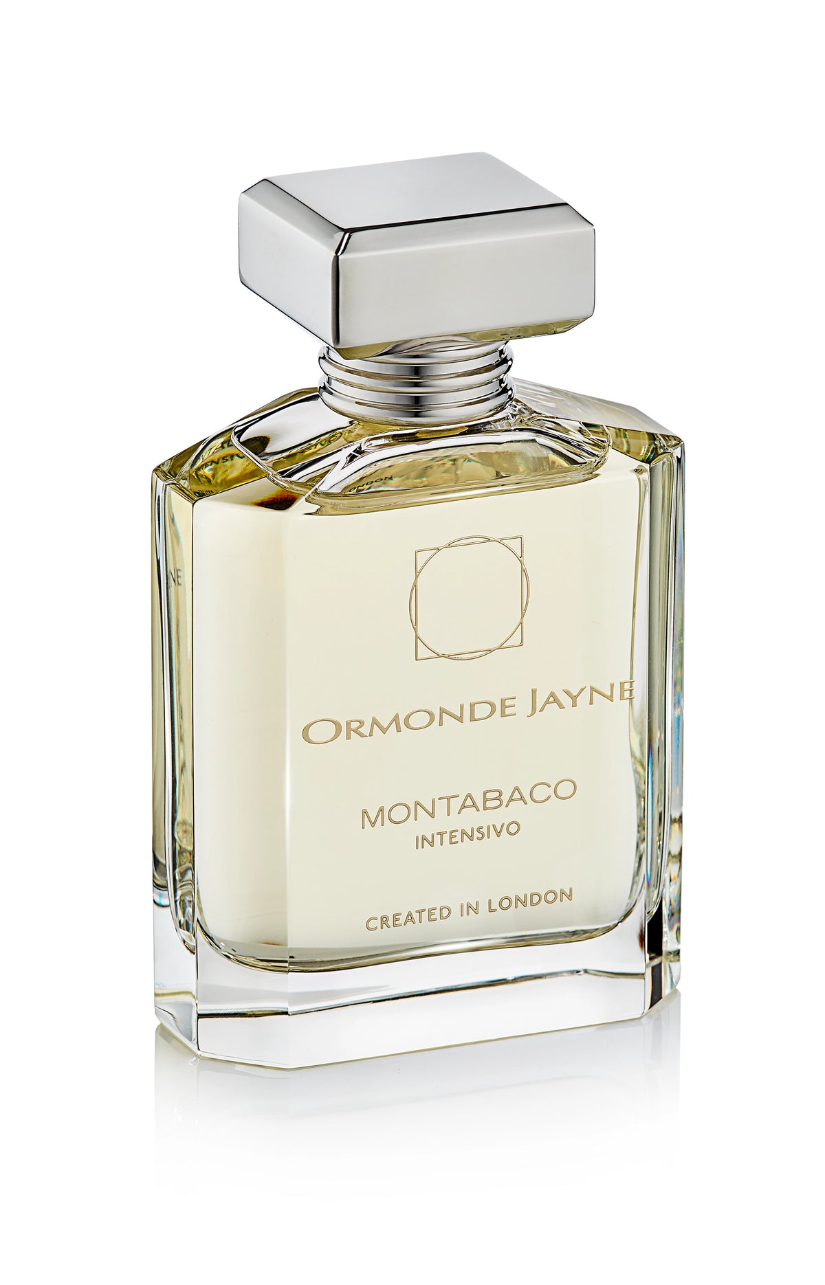 Montabaco Intensivo perfume in clear glass bottle with silver cap and beige label