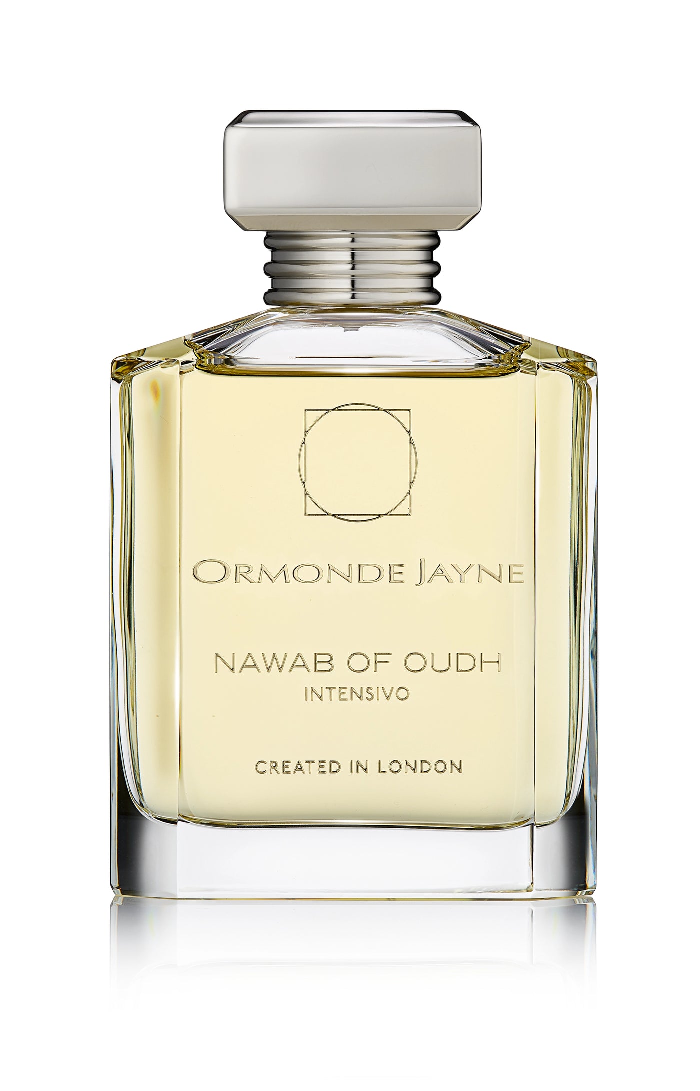 Clear glass perfume bottle with silver cap containing pale yellow Nawab of Oudh Intensivo fragrance
