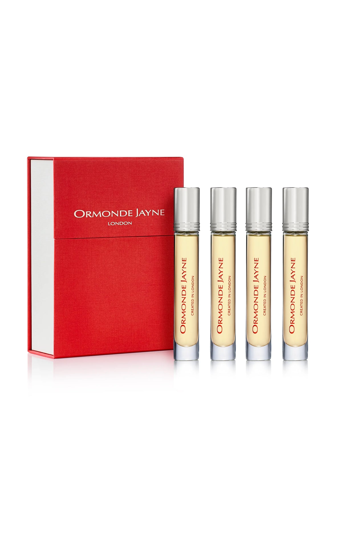 Set of four travel-sized Ormonde Jayne Vanille des Afriques Intensivo perfume vials with red presentation box