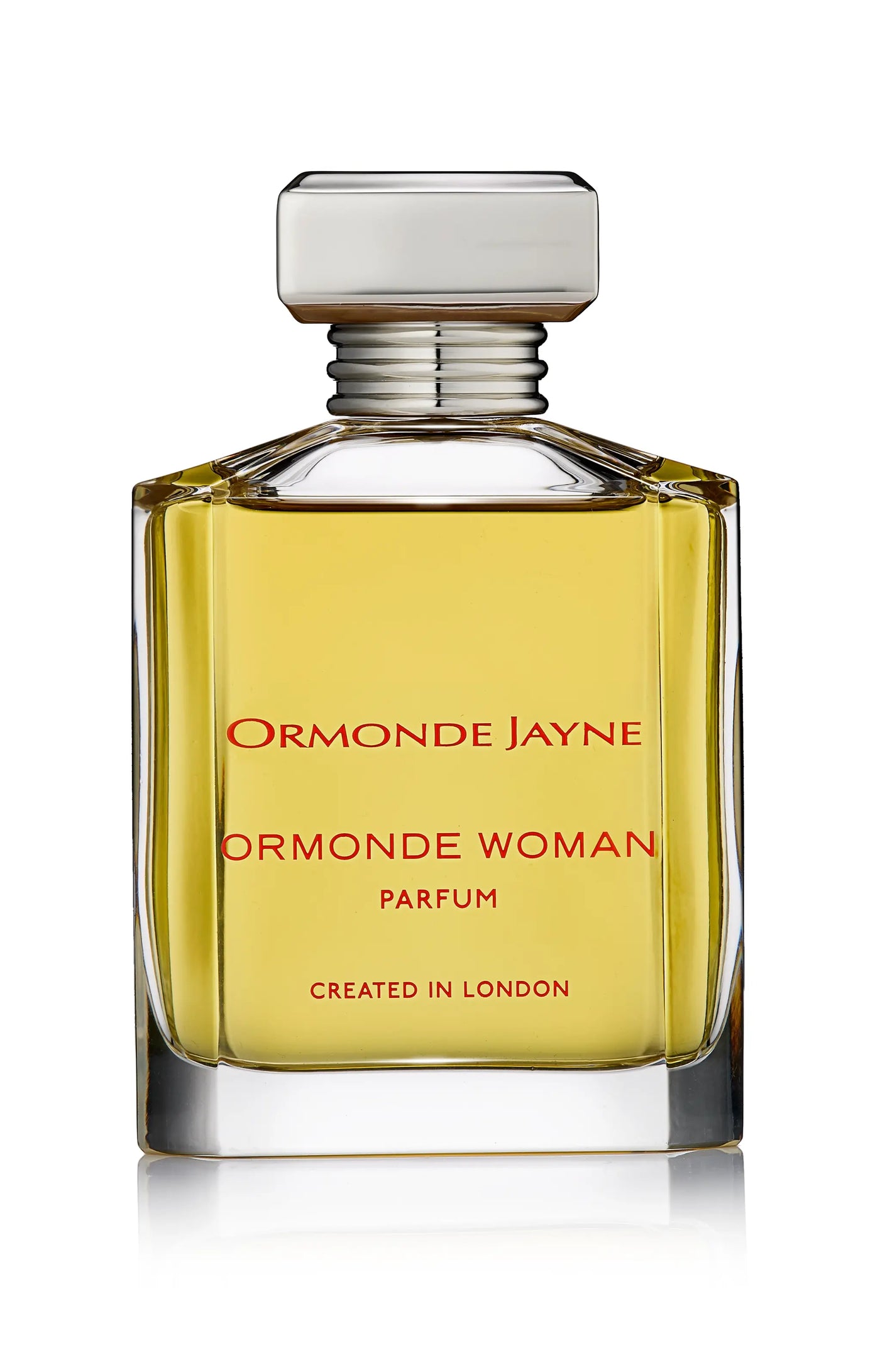 Ormonde Woman perfume bottle with golden liquid and silver cap, created in London