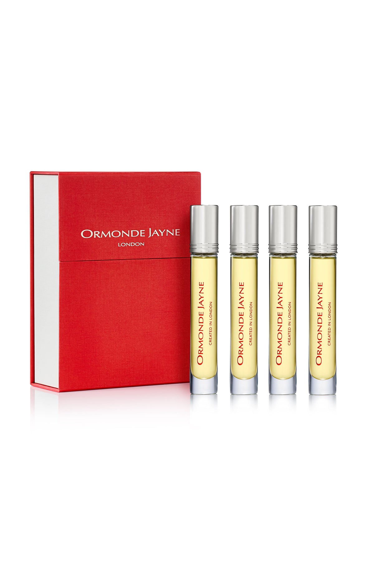 Set of four Osmanthus Travel Lab perfume vials with silver caps and red Ormonde Jayne box