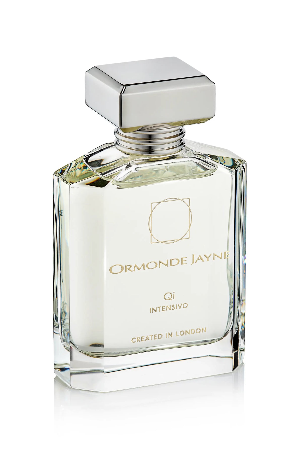Clear glass perfume bottle with silver cap and gold lettering, Ormonde Jayne Qi Intensivo