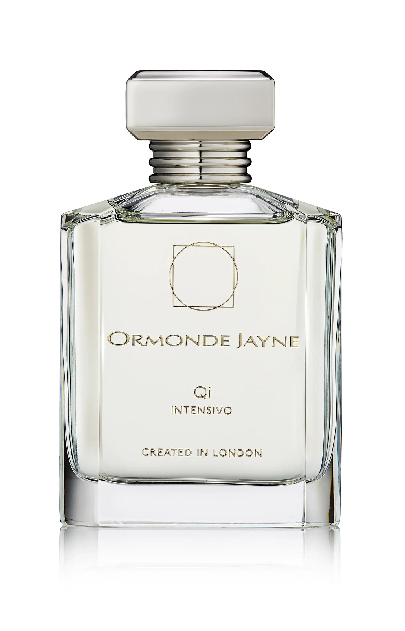 Clear glass bottle of Ormonde Jayne Qi Intensivo perfume with silver cap
