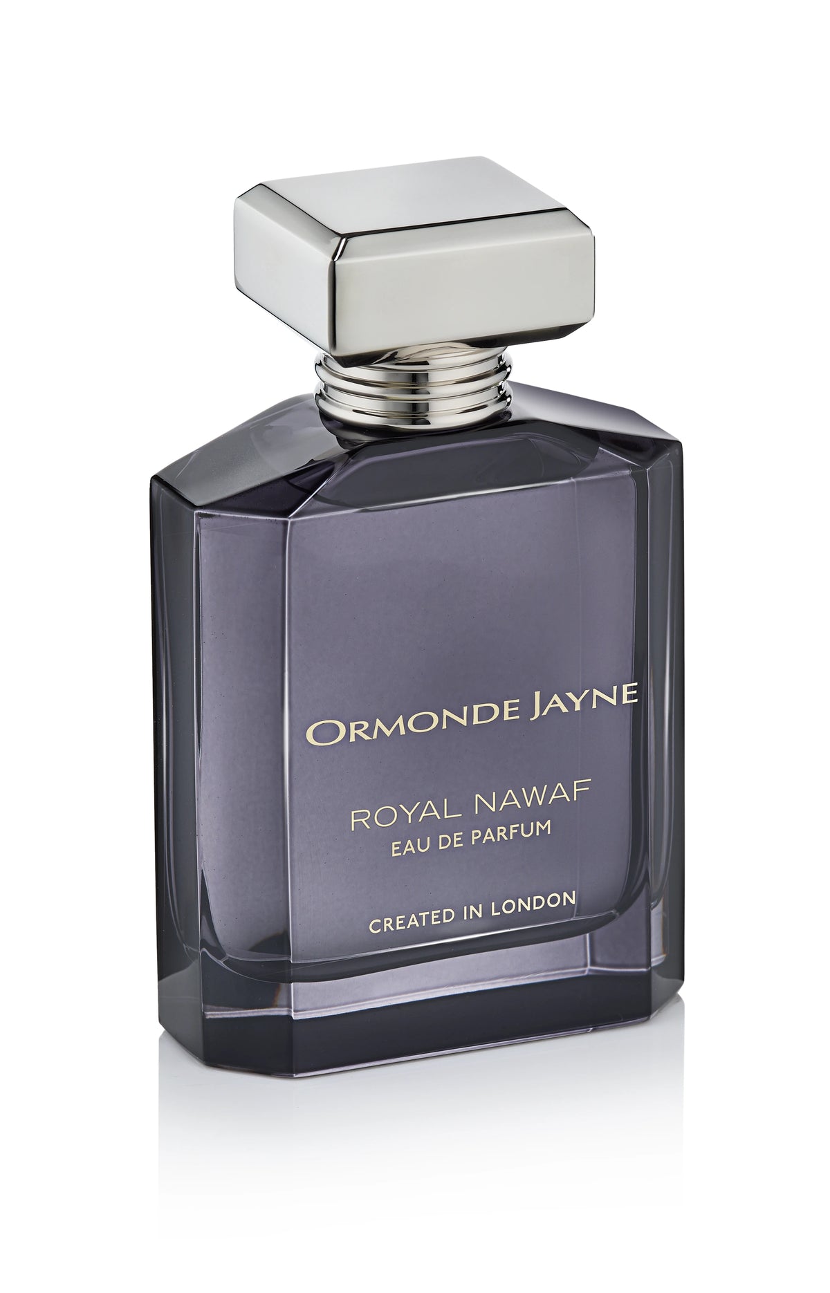 Angled view of Ormonde Jayne Royal Nawaf eau de parfum bottle in deep purple-grey glass with silver cap