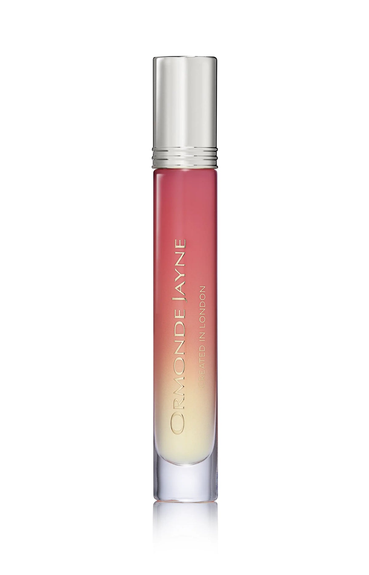 Sleek gradient pink to cream lip gloss tube with silver cap and branding