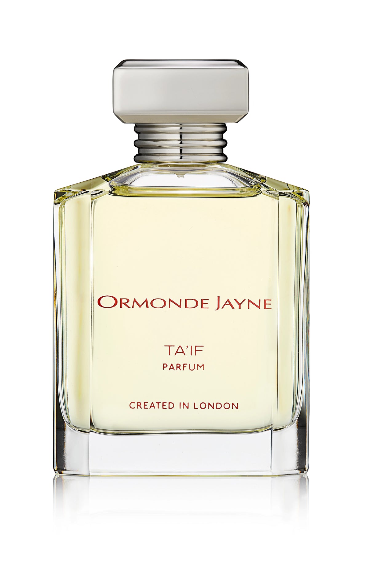 Clear glass perfume bottle with pale yellow liquid and silver cap, labelled Ormonde Jayne Ta'if