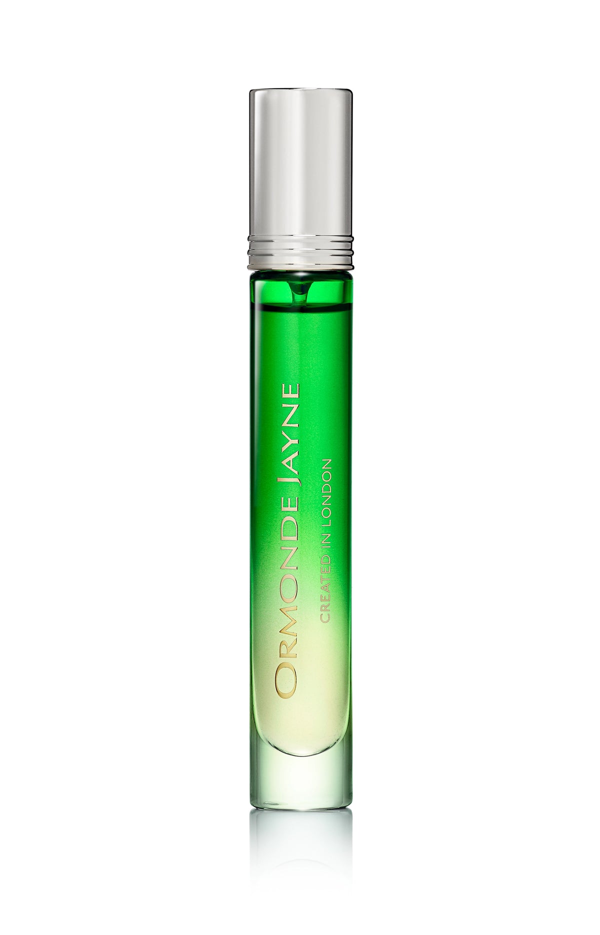 Slim green glass roller bottle with silver cap containing vetiveria essential oil