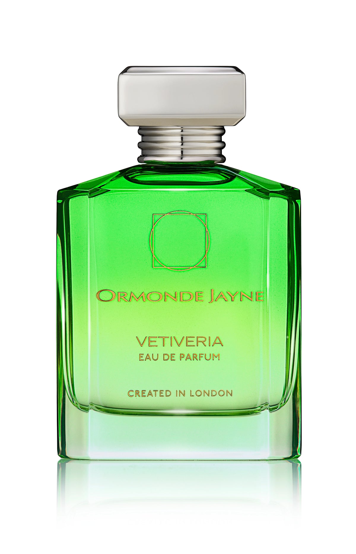 Green glass bottle of Ormonde Jayne Vetiveria Eau de Parfum with silver cap
