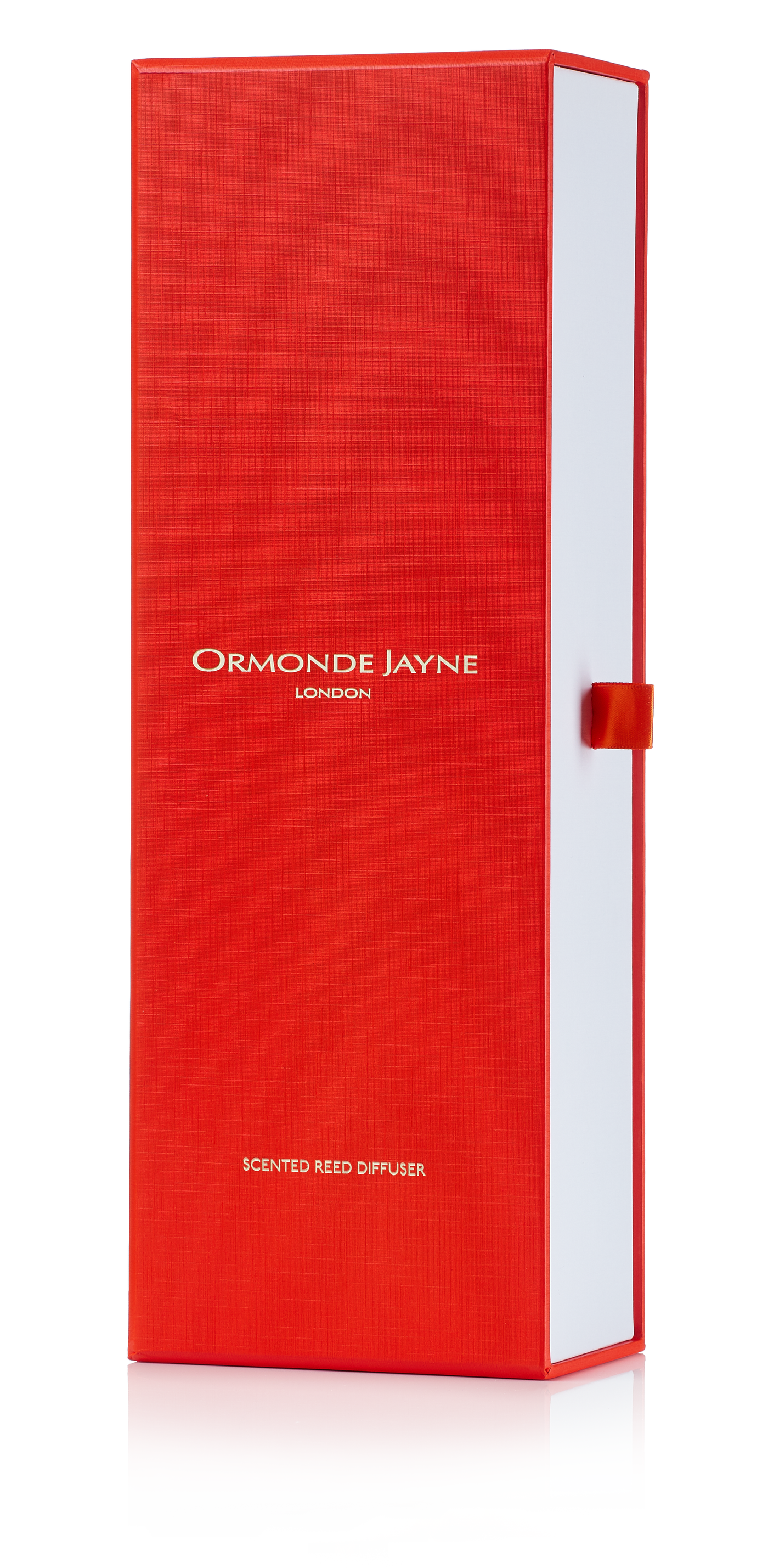 Tall rectangular red box with white sides and gold text for Ormonde Jayne scented reed diffuser