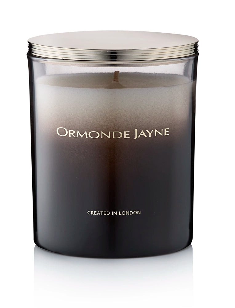 Ormonde Jayne scented candle in a black gradient glass jar with silver lid, created in London