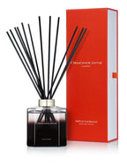 Black scented reed diffuser with silver cap and red rectangular packaging box