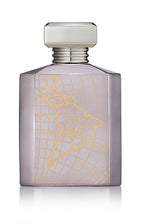 Montabaco Aruba perfume bottle with map design, frosted glass and silver cap