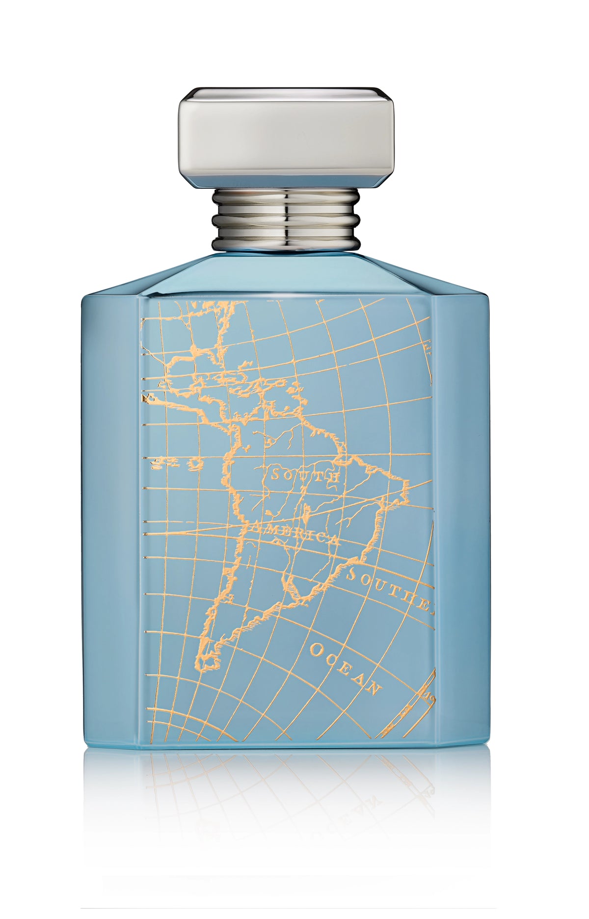 Light blue Montabaco Cuba perfume bottle with gold map design and silver cap