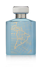 Light blue Montabaco Cuba perfume bottle with gold map design and silver cap