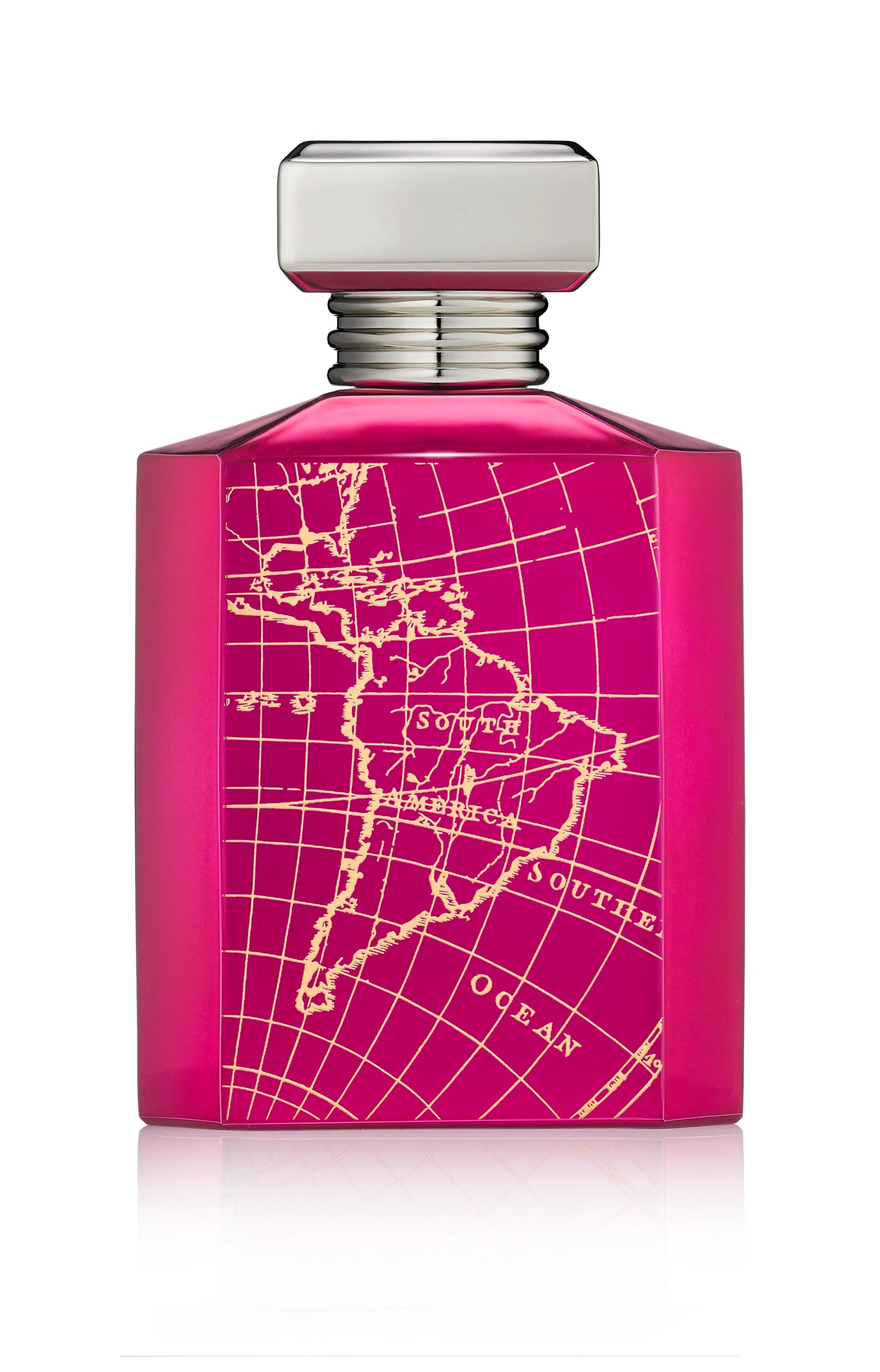 Bright pink Montabaco Rio perfume bottle with gold map design and silver cap