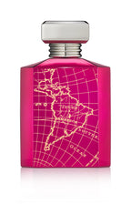 Bright pink Montabaco Rio perfume bottle with gold map design and silver cap