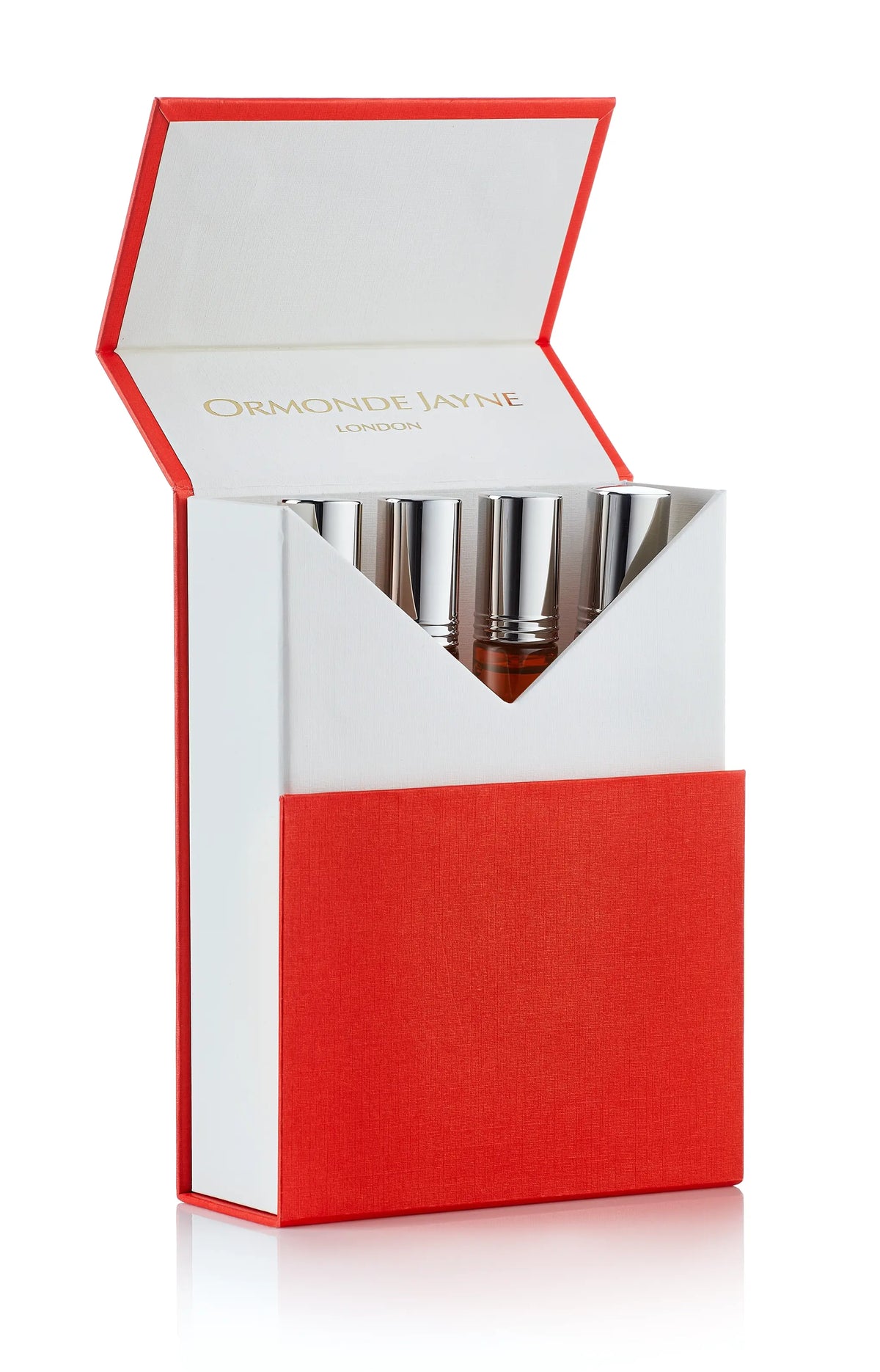 Red and white Babylonia cigarette case with silver-tipped cigarettes inside