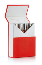 Red and white Babylonia cigarette case with silver-tipped cigarettes inside
