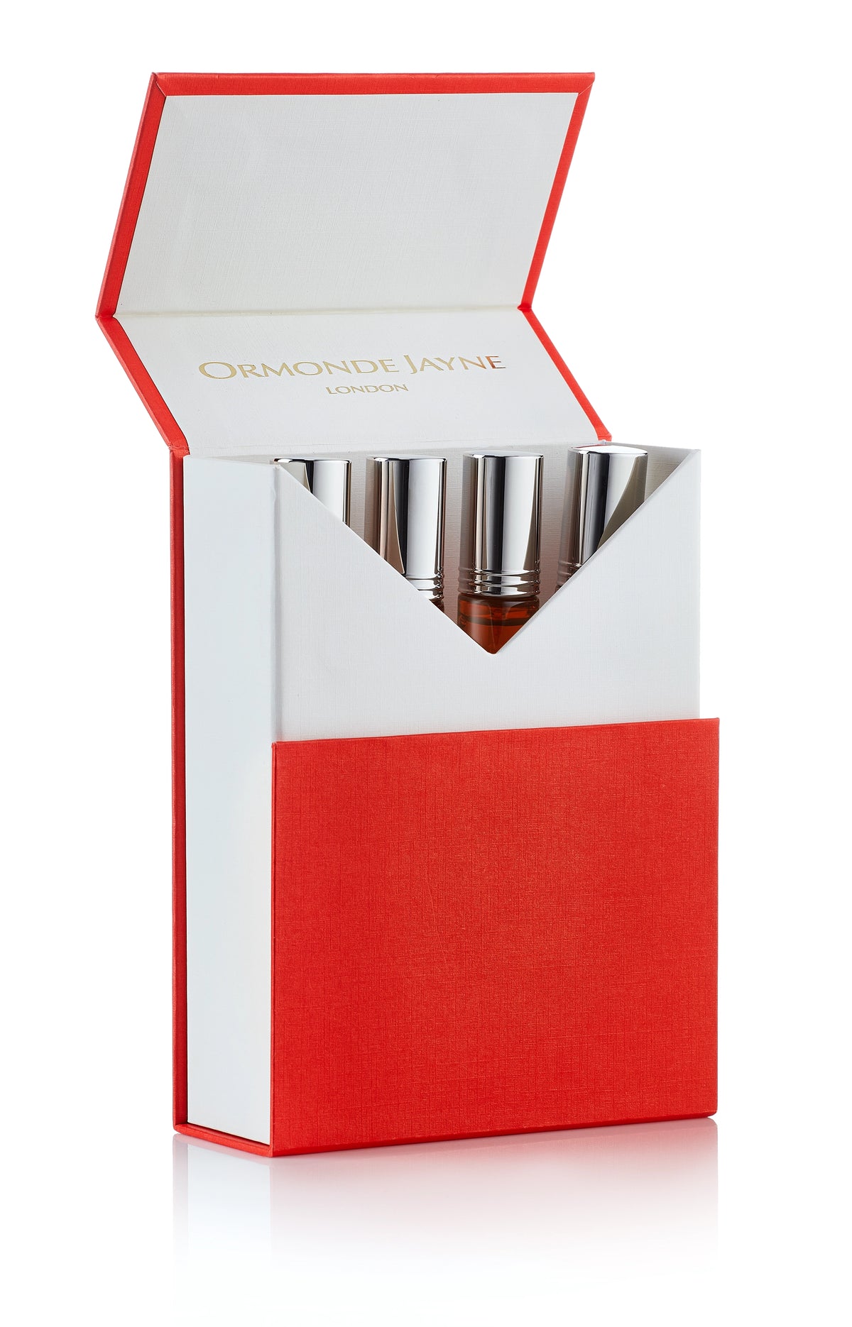 Set of six silver-topped perfume bottles in a red and white presentation box