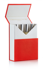 Set of five silver-capped perfume bottles in white and red luxury box