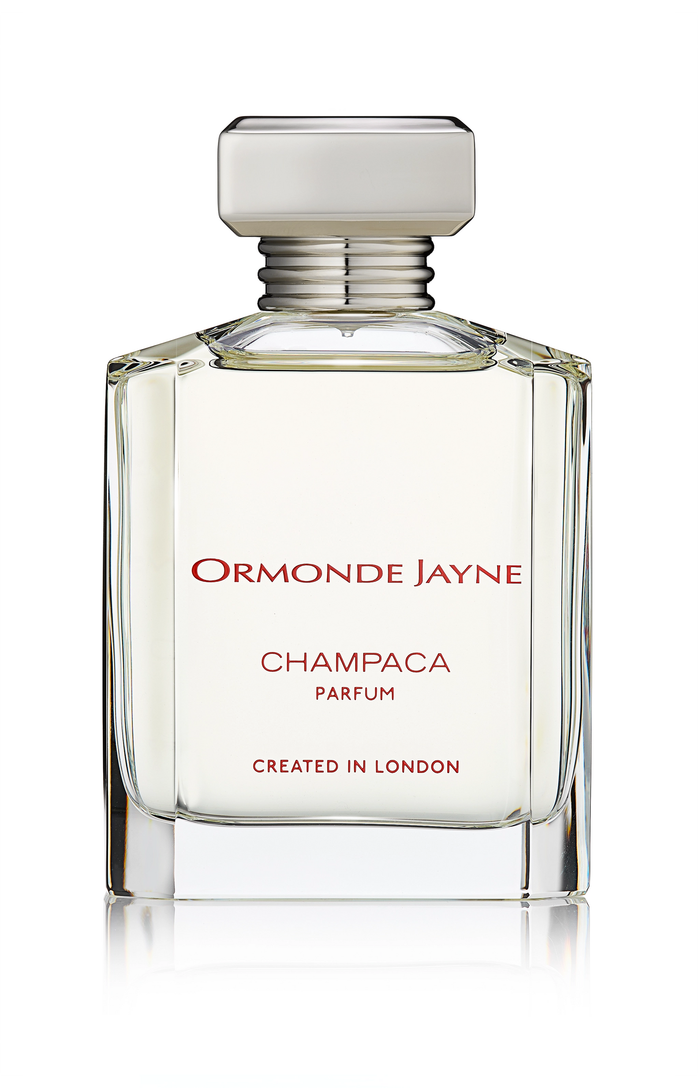 Clear glass perfume bottle with silver cap and red text, labelled Ormonde Jayne Champaca Parfum