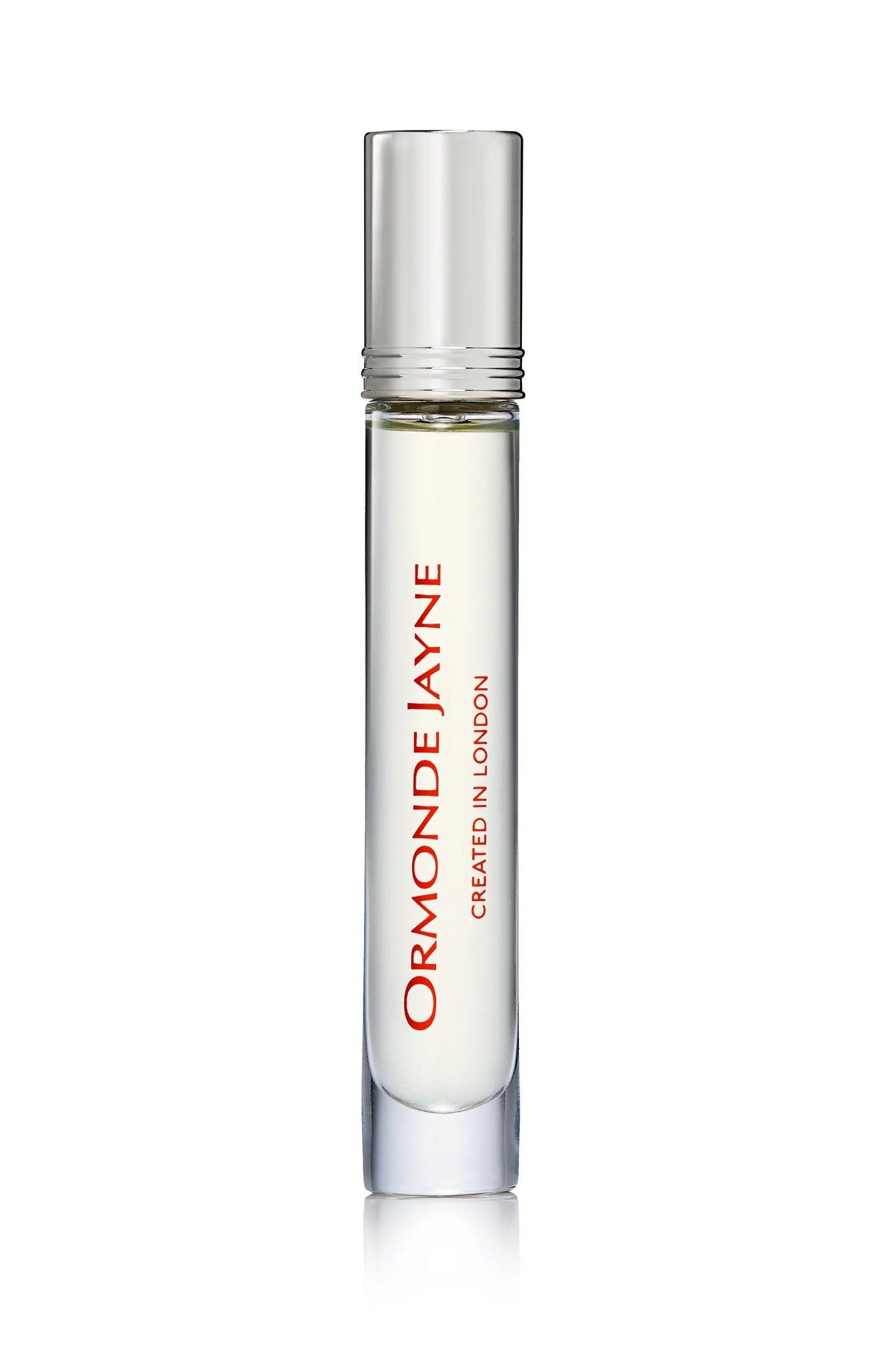 Clear glass rollerball perfume bottle with silver cap and red Ormonde Jayne branding