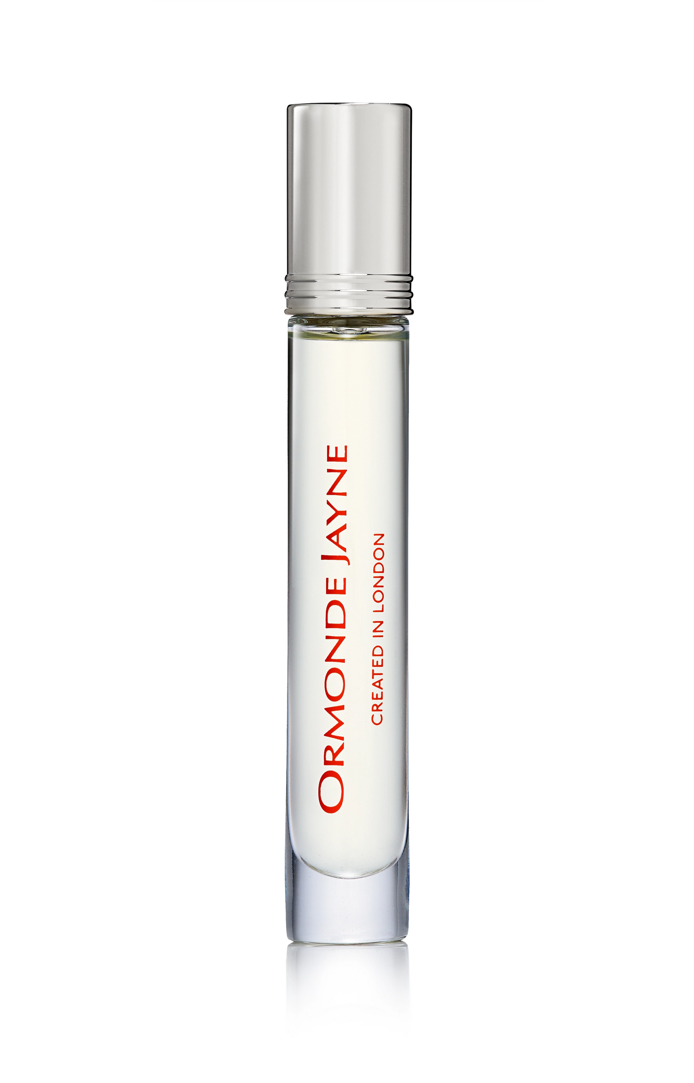 Clear glass rollerball perfume bottle with silver cap and red Ormonde Jayne branding