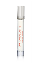Clear glass rollerball perfume bottle with silver cap and red Ormonde Jayne branding