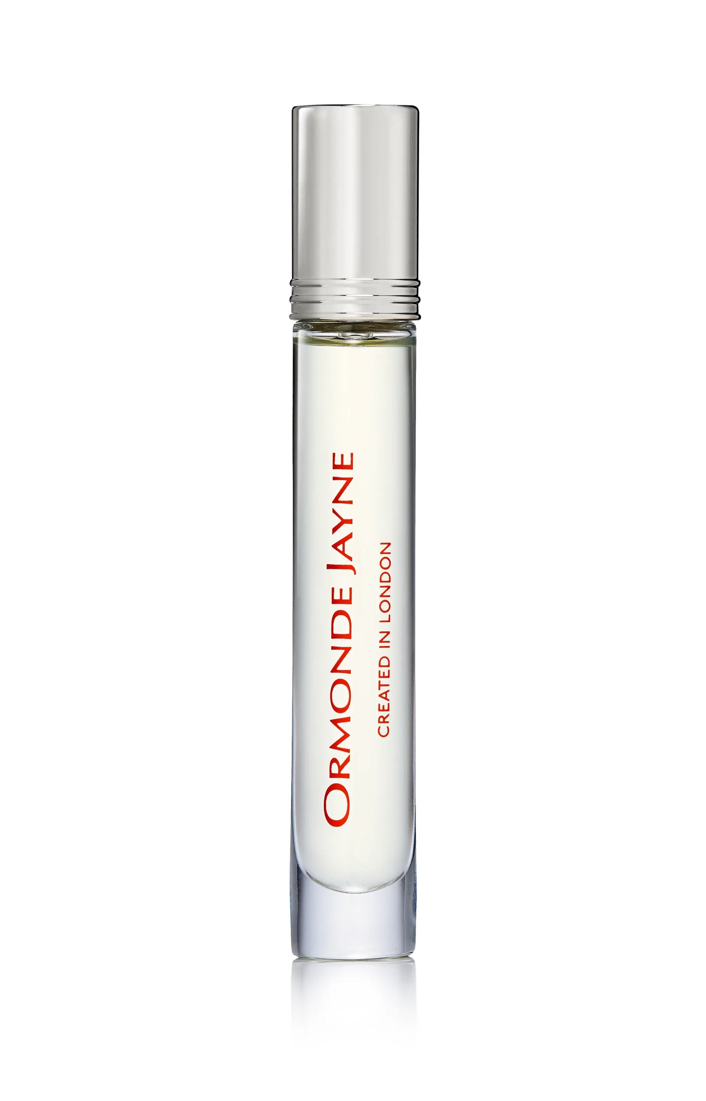 Clear glass rollerball bottle of Ormonde Jayne Castore London perfume with silver cap