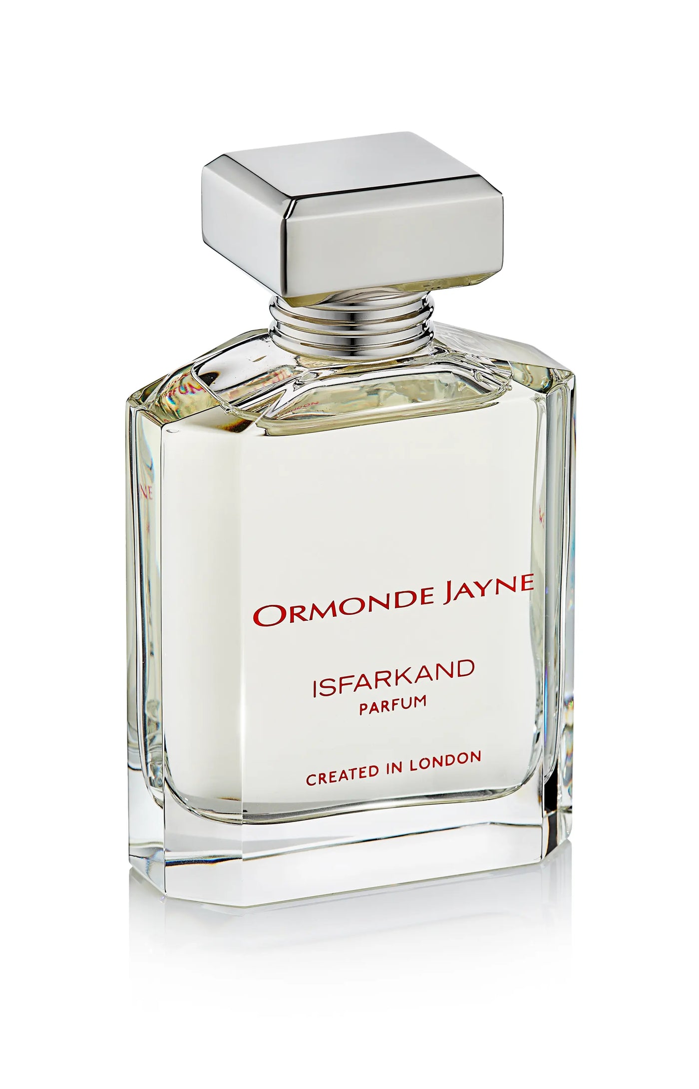 Clear glass perfume bottle with silver cap, labelled Ormonde Jayne Isfarkand Parfum