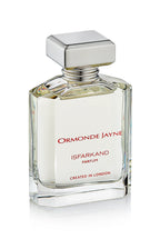 Clear glass perfume bottle with silver cap, labelled Ormonde Jayne Isfarkand Parfum