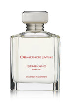 Clear glass perfume bottle with silver cap labelled Ormonde Jayne Isfarkand Parfum