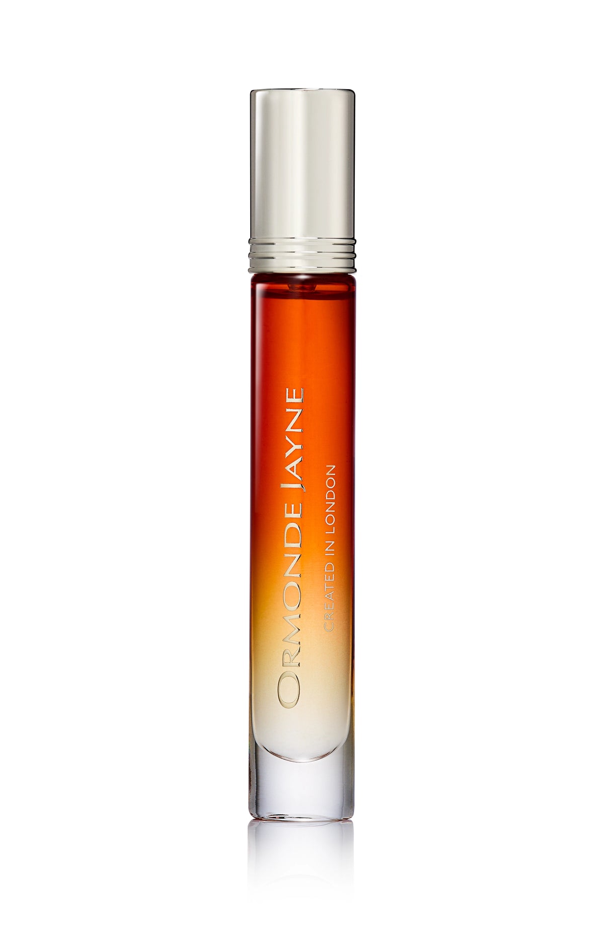 Slim gradient orange to cream glass perfume bottle with silver cap labelled Ormonde Jayne Kashmir