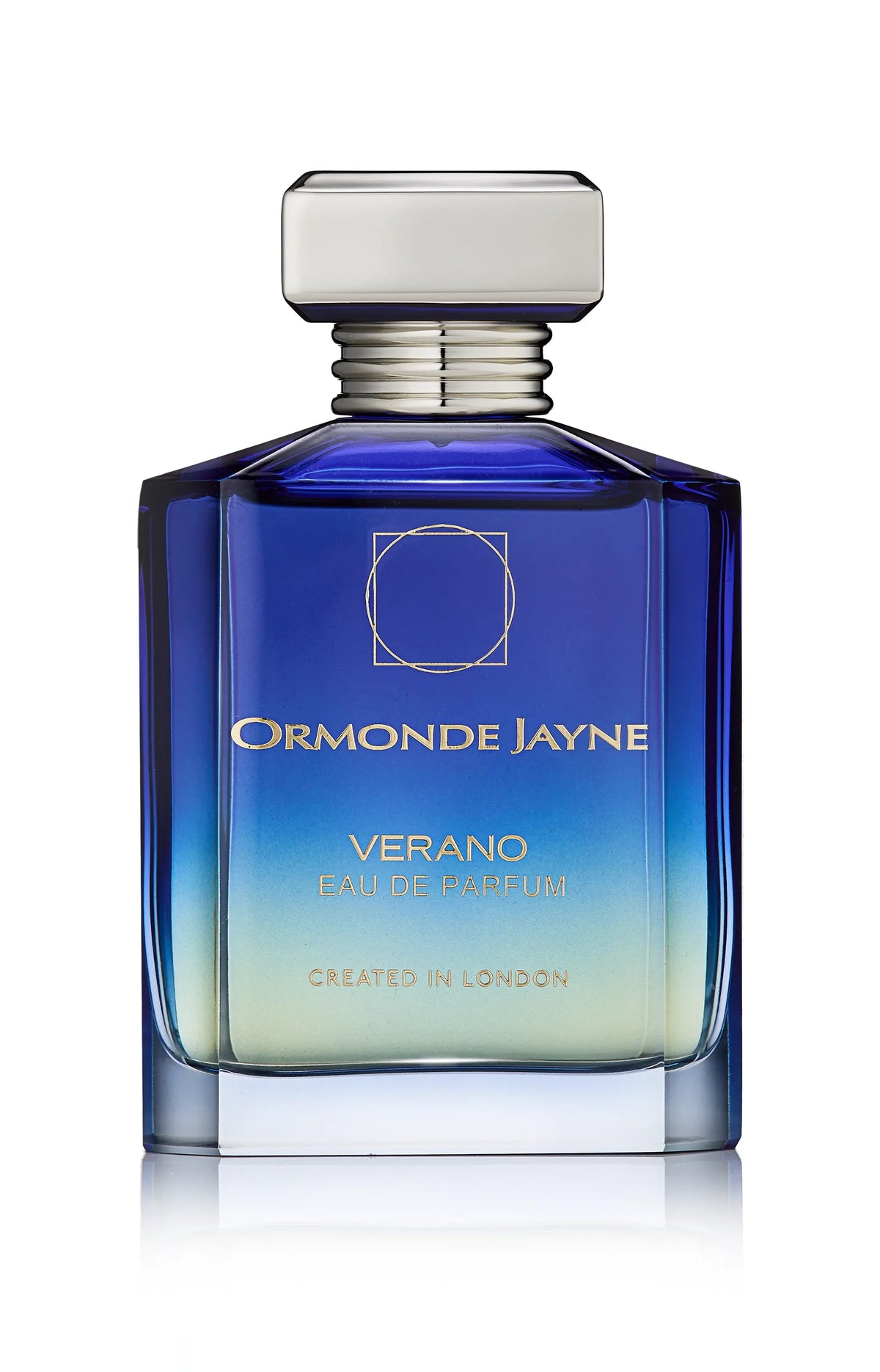 Blue to light green gradient glass perfume bottle with silver cap, labelled Verano by Ormonde Jayne