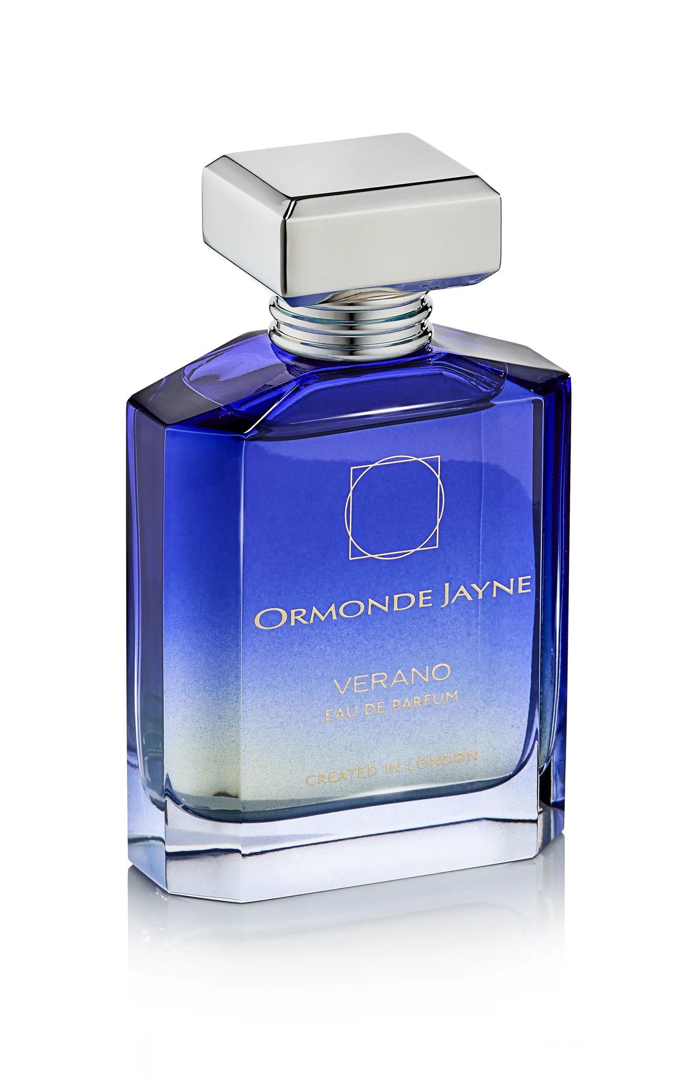 Blue gradient glass bottle of Ormonde Jayne Verano Eau de Parfum with silver cap