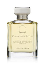 Clear glass perfume bottle with silver cap containing pale yellow Nawab of Oudh Intensivo fragrance