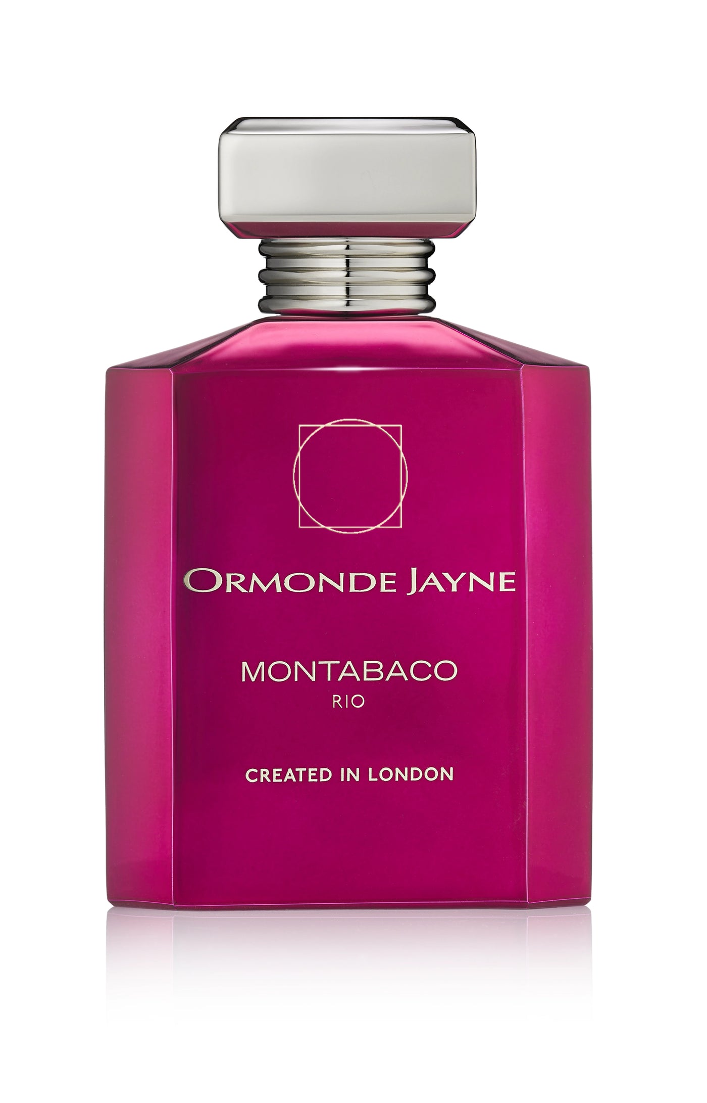 Deep pink Montabaco Rio perfume bottle with silver cap and London creation label