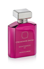 Montabaco Rio perfume bottle in glossy deep pink with silver cap and London branding