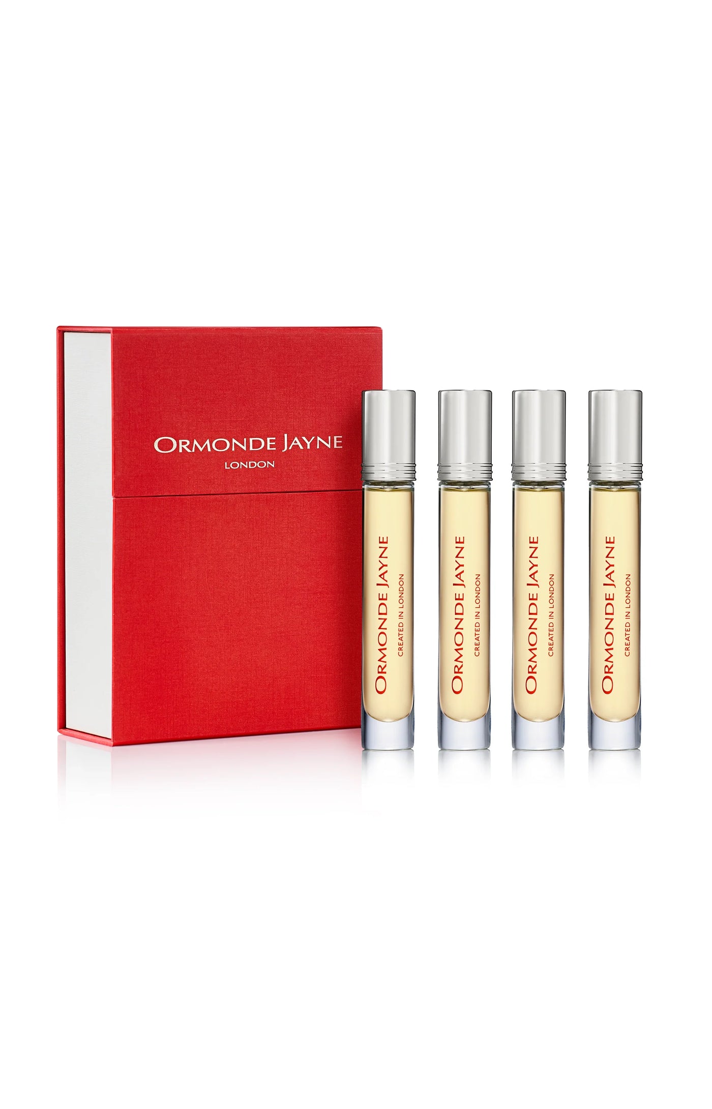 Set of four travel-sized Ormonde Jayne Vanille des Afriques Intensivo perfume vials with red presentation box