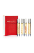 Set of four travel-sized Ormonde Jayne Vanille des Afriques Intensivo perfume vials with red presentation box