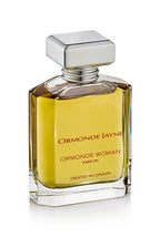 Ormonde Woman parfum in a clear rectangular glass bottle with silver cap and golden liquid