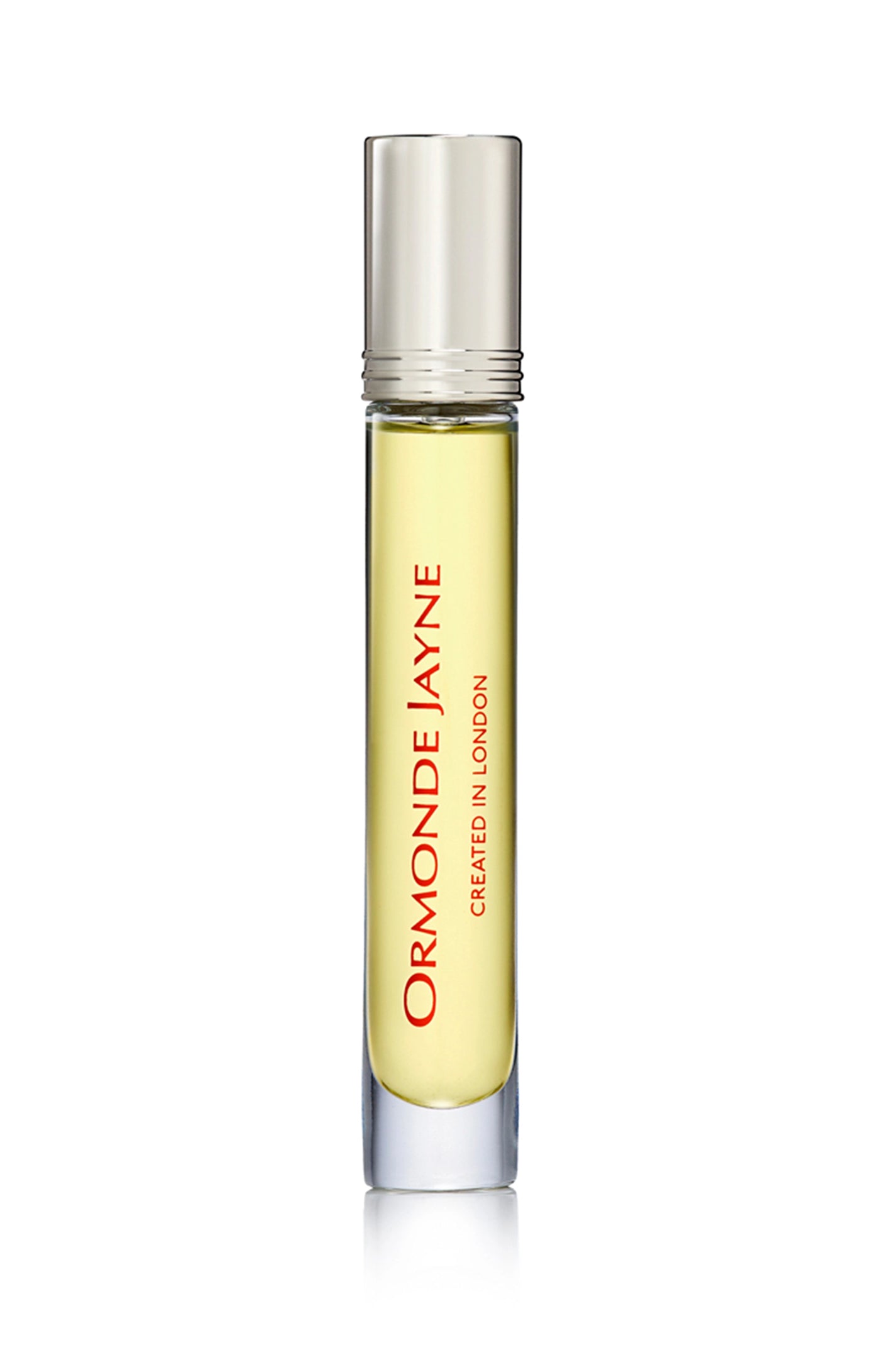 Slim glass perfume bottle with pale yellow liquid and silver cap, labelled Ormonde Jayne Osmanthus